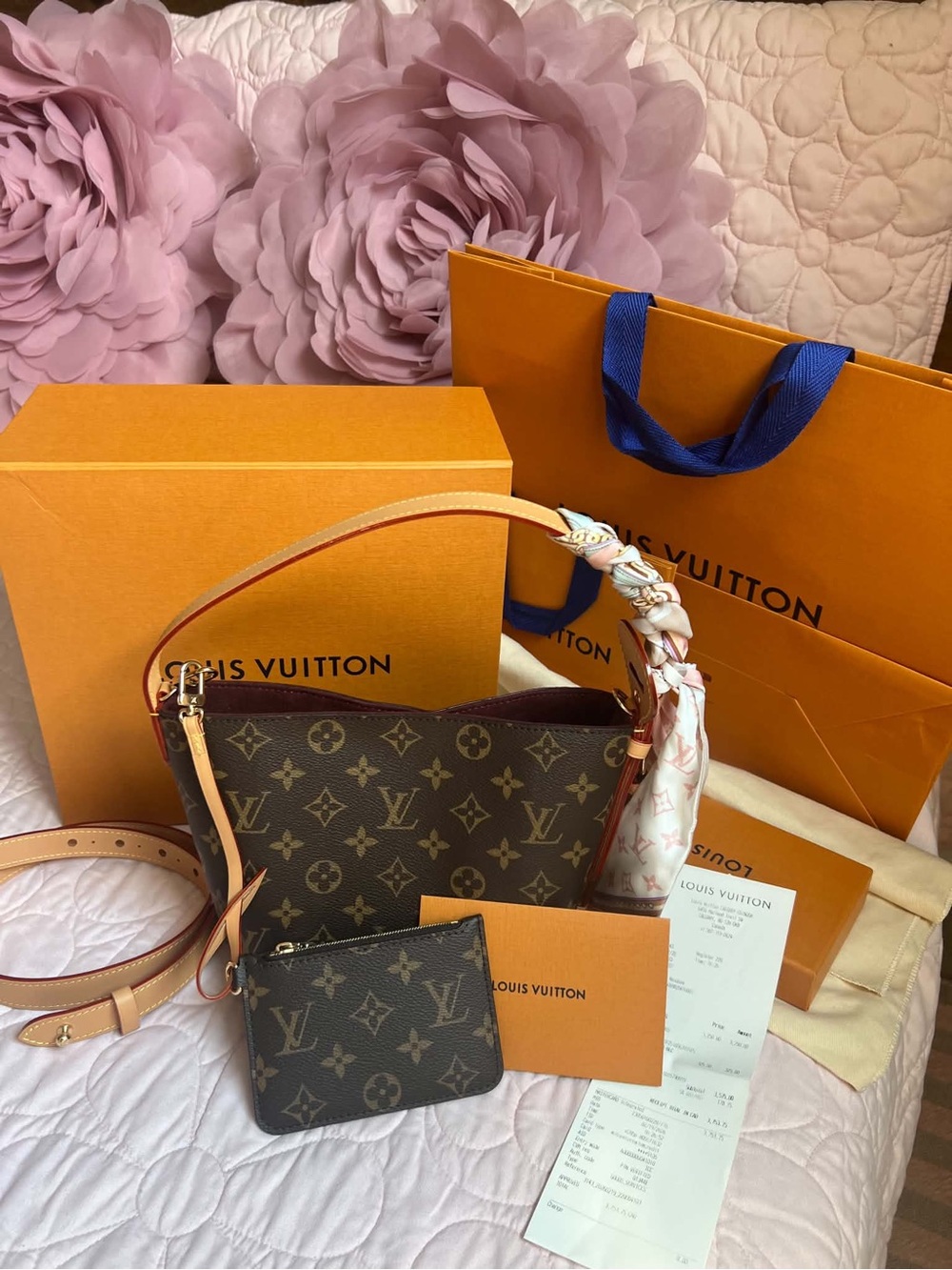 Louis Vuitton Brown Monogram Pochette with Pink Scarf-Wrapped Handle